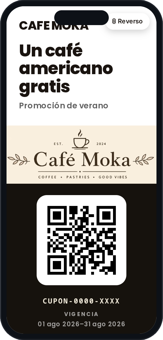 Teléfono mostrando un cupón Cupontli de Café Moka con código QR