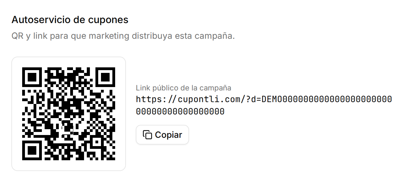 Cupontli genera el QR y la liga pública de la campaña, listos para distribuir