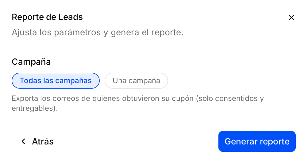 Diálogo del reporte de leads: exporta los correos de quienes obtuvieron su cupón