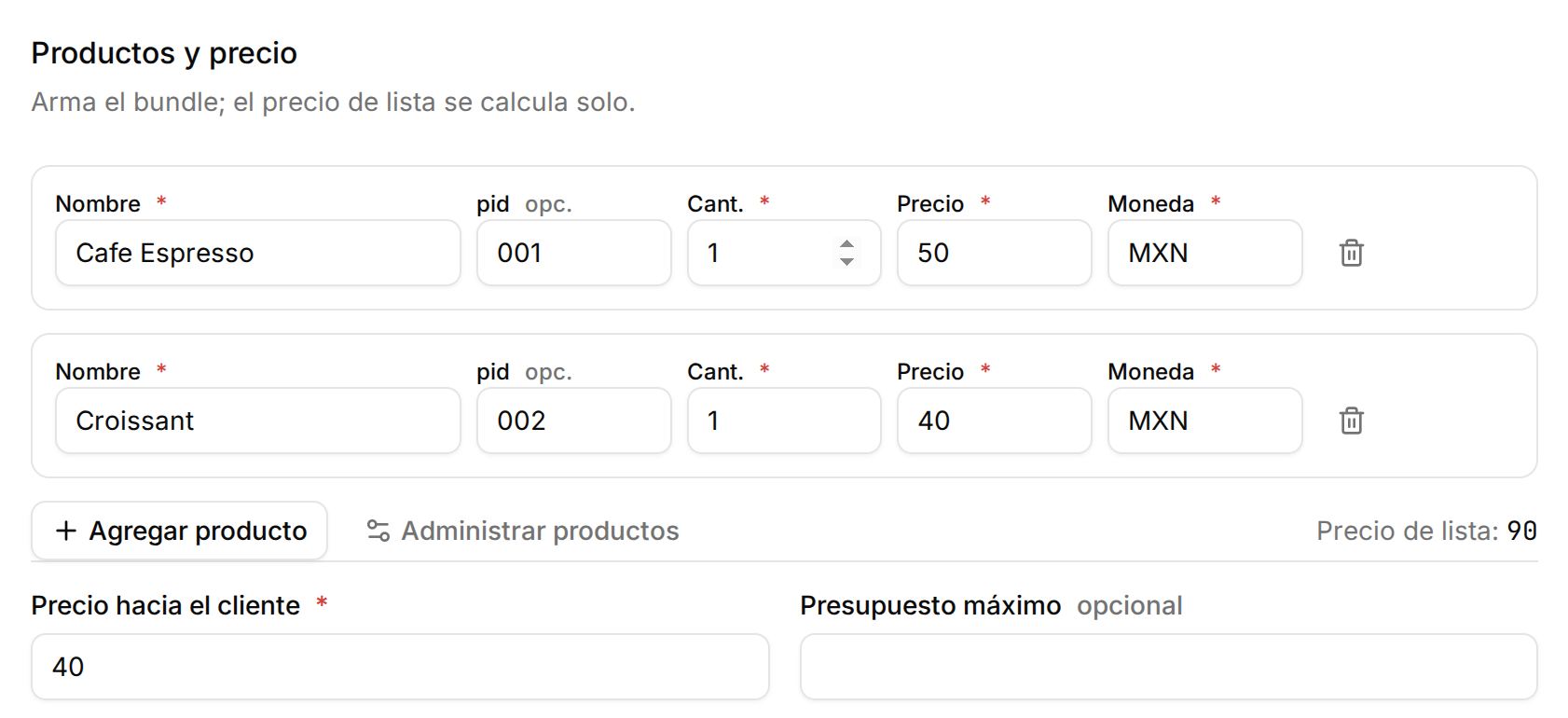 Form de campaña: bundle de productos con precio de lista calculado y precio final al cliente