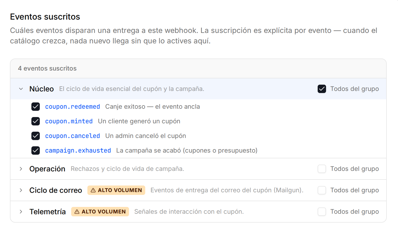 Suscripción de webhooks: eventos del ciclo del cupón y la campaña, listos para integrarse a tu sistema